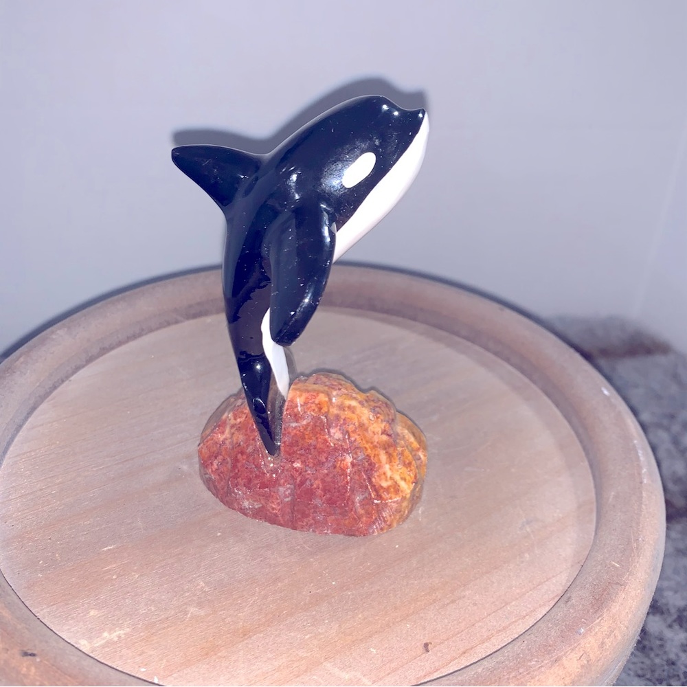 Stone Carved Orca Whale Onyx & Marble Orca Figurine Painted Gemstone Orca Whale